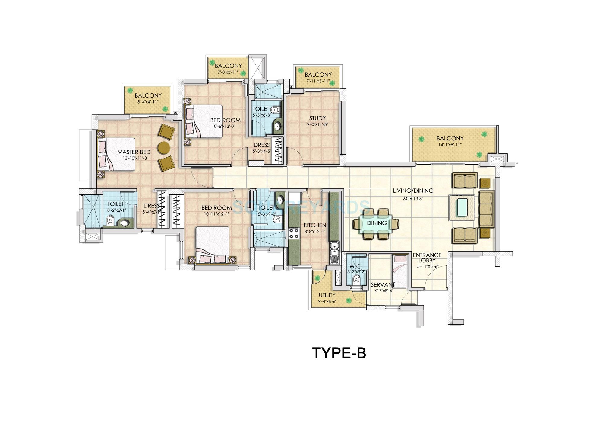 Floor plan of 3 BHK 2250 Sq. Ft. Apartment in BPTP Park Serene, Gurgaon