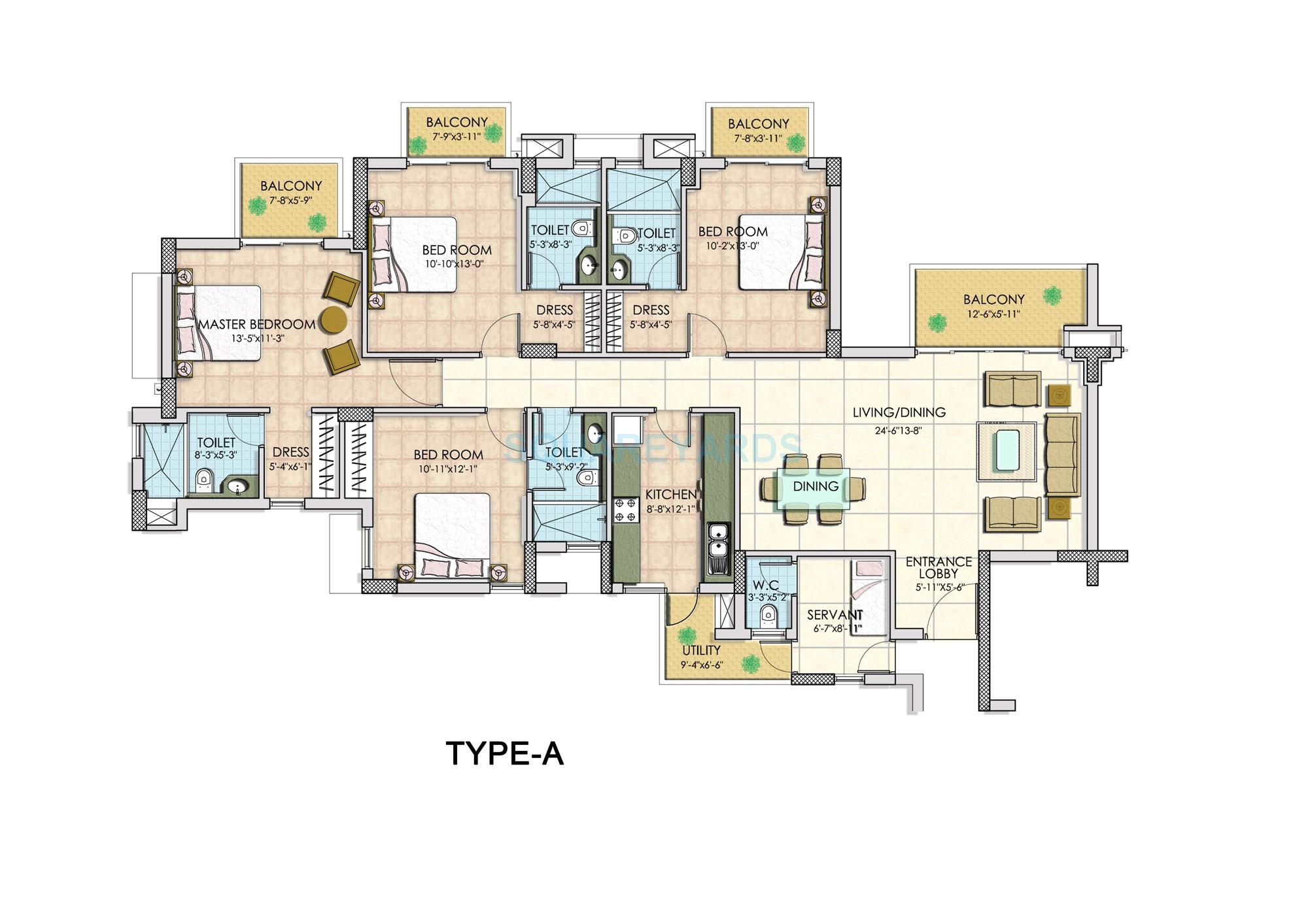 Floor plan of 4 BHK 2450 Sq. Ft. Apartment in BPTP Park Serene, Gurgaon