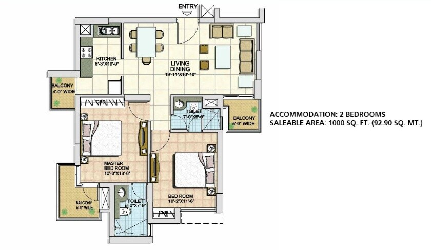 Floor plan of 2 BHK 1000 Sq. Ft. Apartment in BPTP Spacio, Gurgaon