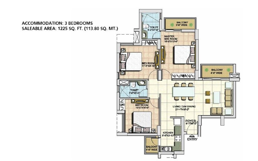 Floor plan of 3 BHK 1225 Sq. Ft. Apartment in BPTP Spacio, Gurgaon