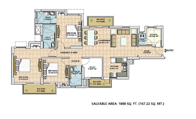 Floor plan of 3 BHK 1800 Sq. Ft. Apartment in BPTP Spacio, Gurgaon