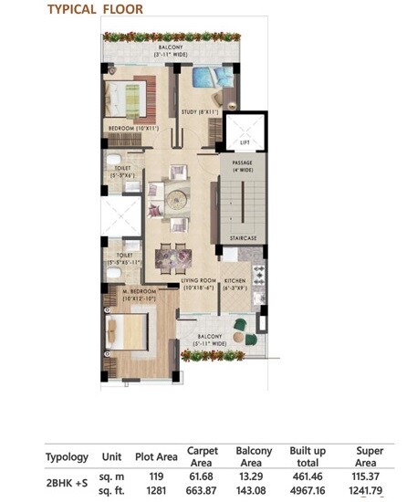 Floor plan of 2 BHK 1242 Sq. Ft. Apartment in Breez Flora Avenue 33, Gurgaon