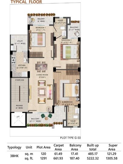 Floor plan of 3 BHK 1305 Sq. Ft. Apartment in Breez Flora Avenue 33, Gurgaon