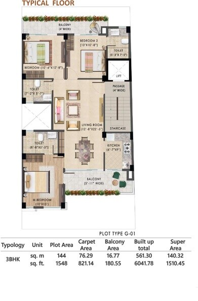Floor plan of 3 BHK 1510 Sq. Ft. Apartment in Breez Flora Avenue 33, Gurgaon