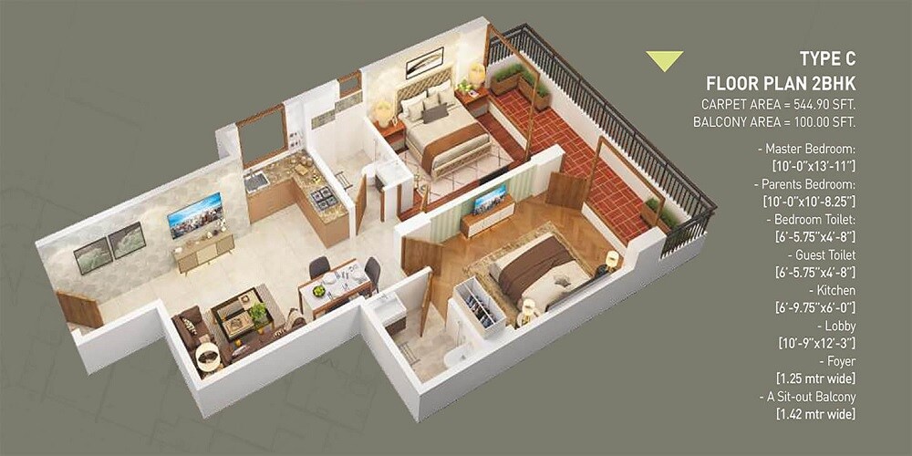 Floor plan of 2 BHK 645 Sq. Ft. Apartment in Breez Global Heights 88, Gurgaon
