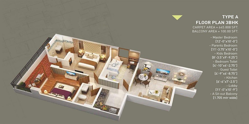 Floor plan of 3 BHK 746 Sq. Ft. Apartment in Breez Global Heights 88, Gurgaon