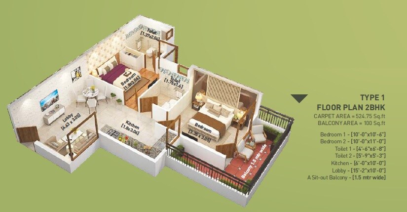 Floor plan of 2 BHK 626 Sq. Ft. Apartment in Breez Global Heights 89, Gurgaon