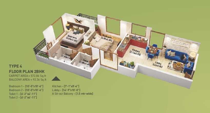 Floor plan of 2 BHK 665 Sq. Ft. Apartment in Breez Global Heights 89, Gurgaon