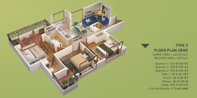 Floor plan of 3 BHK 745 Sq. Ft. Apartment in Breez Global Heights 89, Gurgaon