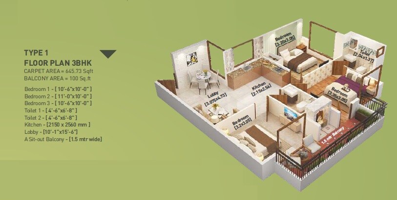 Floor plan of 3 BHK 748 Sq. Ft. Apartment in Breez Global Heights 89, Gurgaon