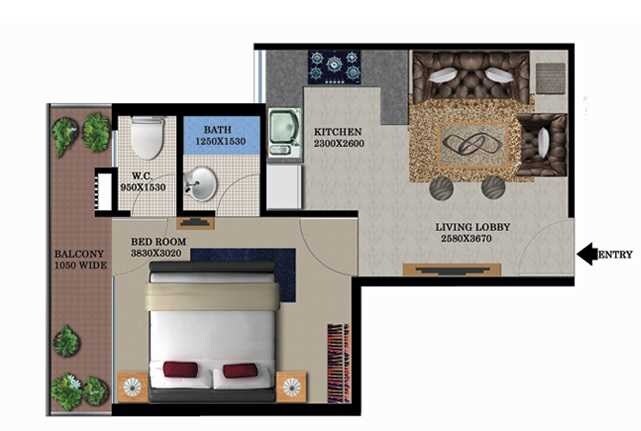 Floor plan of 1 BHK 394 Sq. Ft. Apartment in Breez Global Heights, Gurgaon
