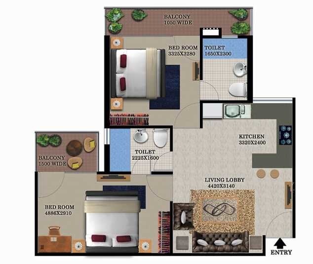 Floor plan of 2 BHK 623 Sq. Ft. Apartment in Breez Global Heights, Gurgaon