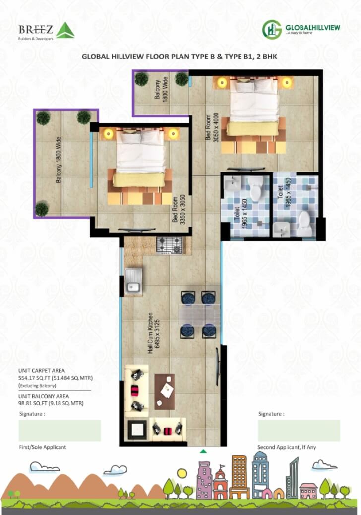 Floor plan of 2 BHK 554 Sq. Ft. Apartment in Breez Global Hill View, Gurgaon