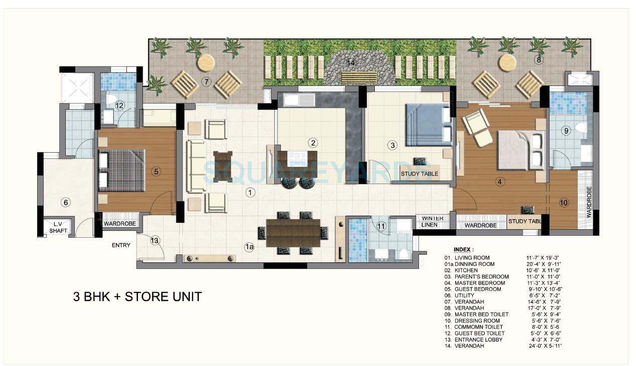 Floor plan of 3 BHK 2022 Sq. Ft. Apartment in Brisk Lumbini Terrace Homes, Gurgaon