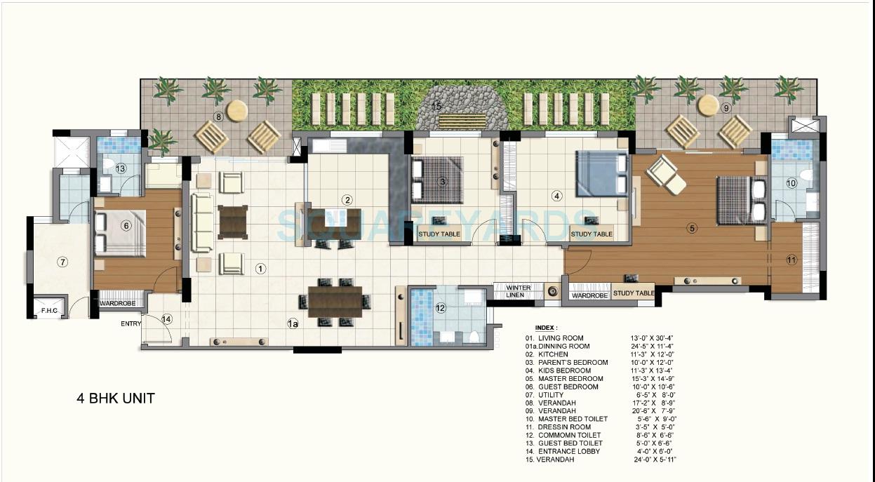 Floor plan of 4 BHK 2637 Sq. Ft. Apartment in Brisk Lumbini Terrace Homes, Gurgaon