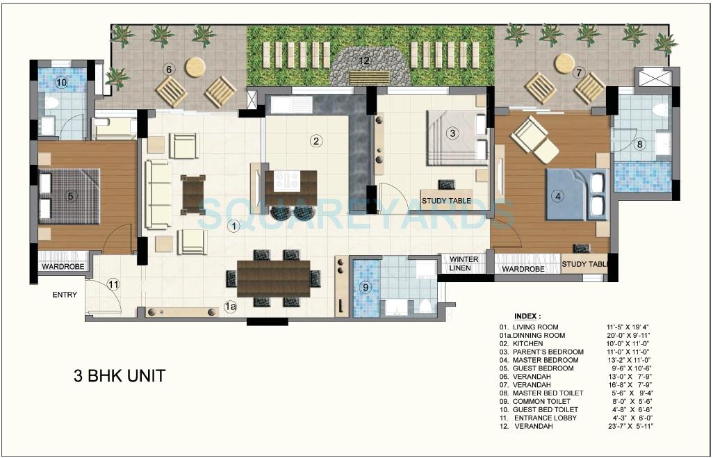 Floor plan of 3 BHK 1703 Sq. Ft. Apartment in Brisk Lumbini Terrace Homes, Gurgaon