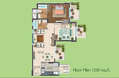Floor plan of 3 BHK 1290 Sq. Ft. Apartment in Capital Residency 360, Gurgaon
