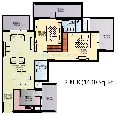 Floor plan of 2 BHK 1400 Sq. Ft. Apartment in Capital Residency 360, Gurgaon