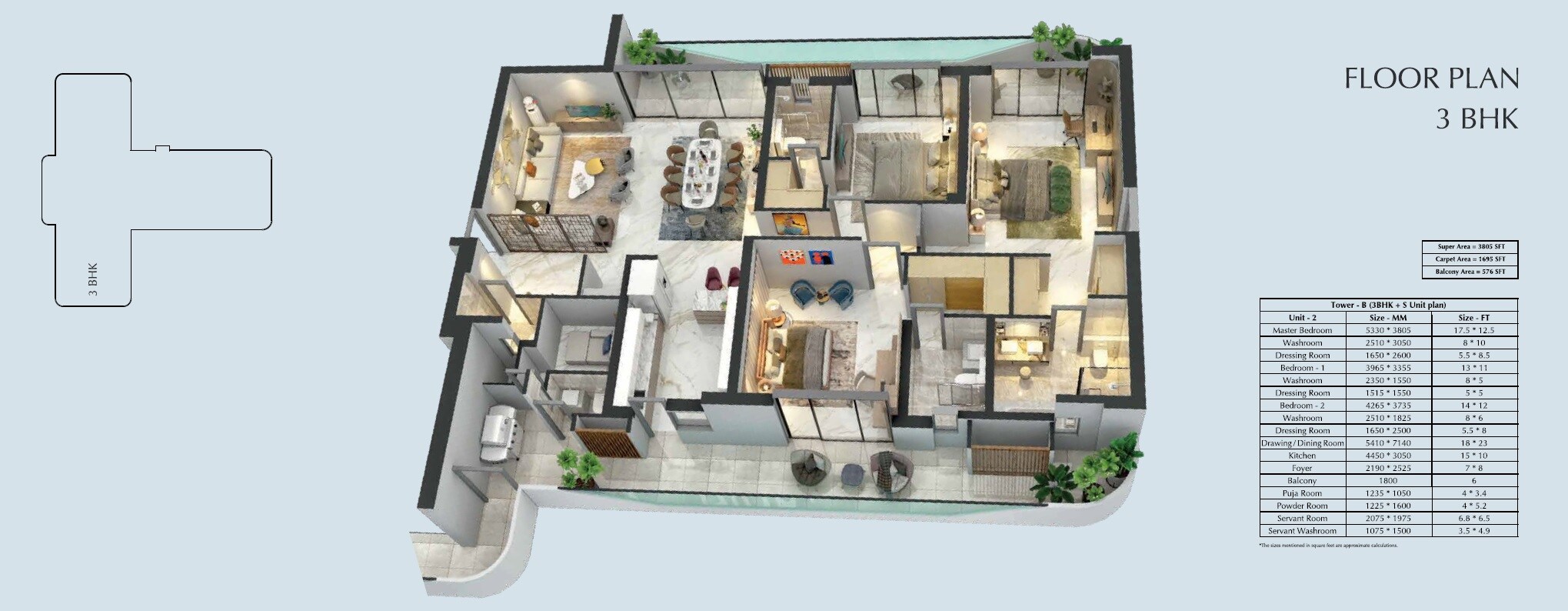 Floor plan of 3 BHK 3805 Sq. Ft. Apartment in Central Park Bignonia Towers, Gurgaon