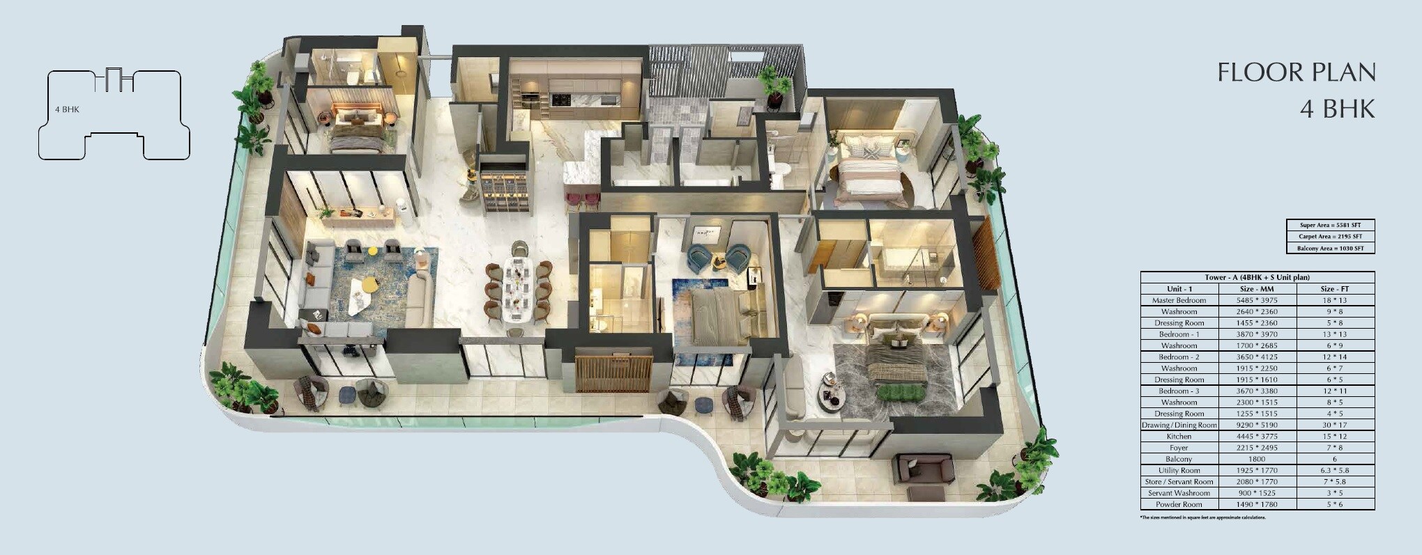 Floor plan of 4 BHK 5581 Sq. Ft. Apartment in Central Park Bignonia Towers, Gurgaon