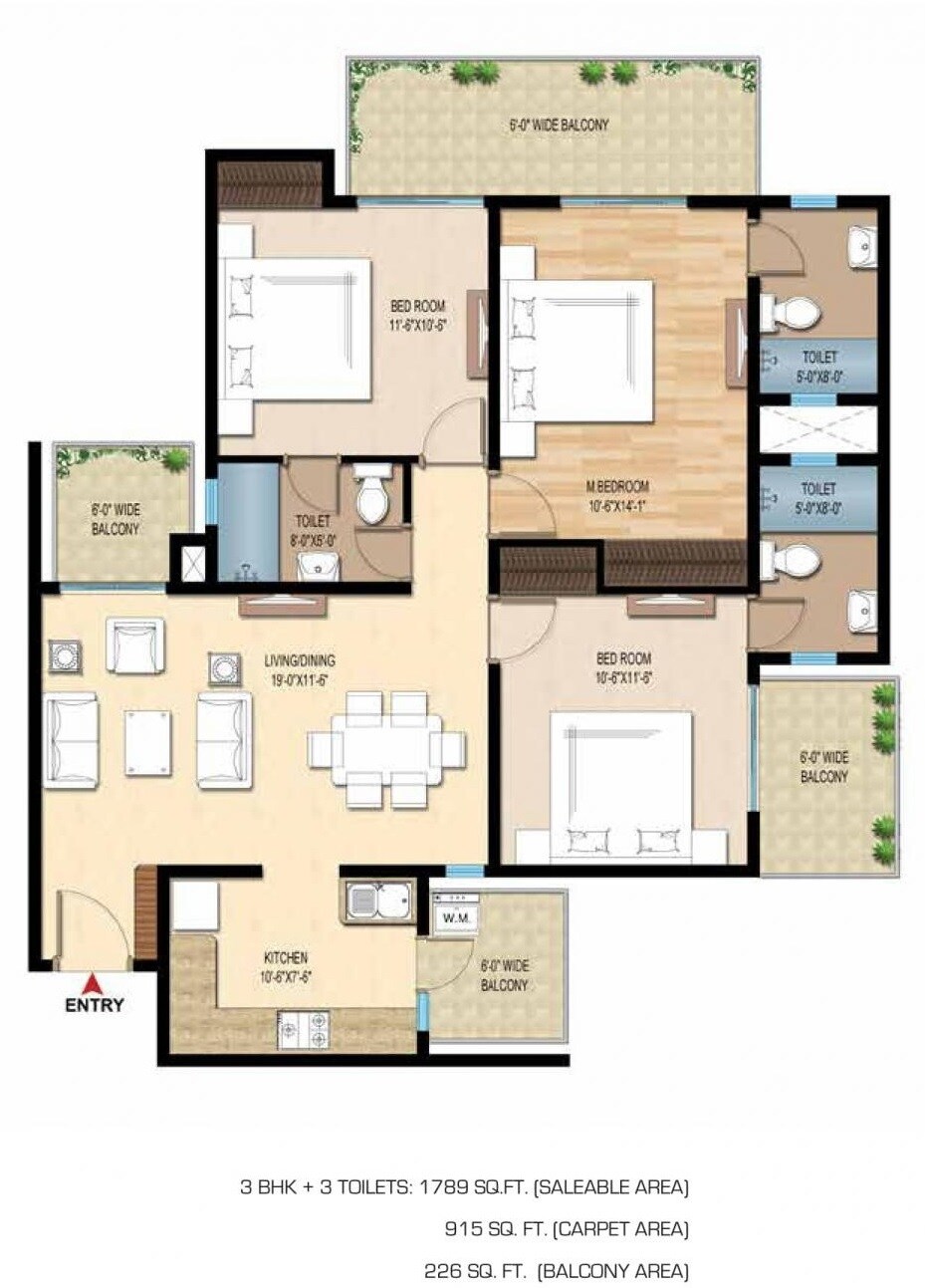 Floor plan of 3 BHK 1789 Sq. Ft. Apartment in Central Park Flower Valley Aqua Front Towers, Gurgaon