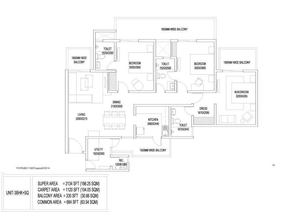 Floor plan of 3 BHK 2134 Sq. Ft. Apartment in Central Park Flower Valley Aqua Front Towers, Gurgaon