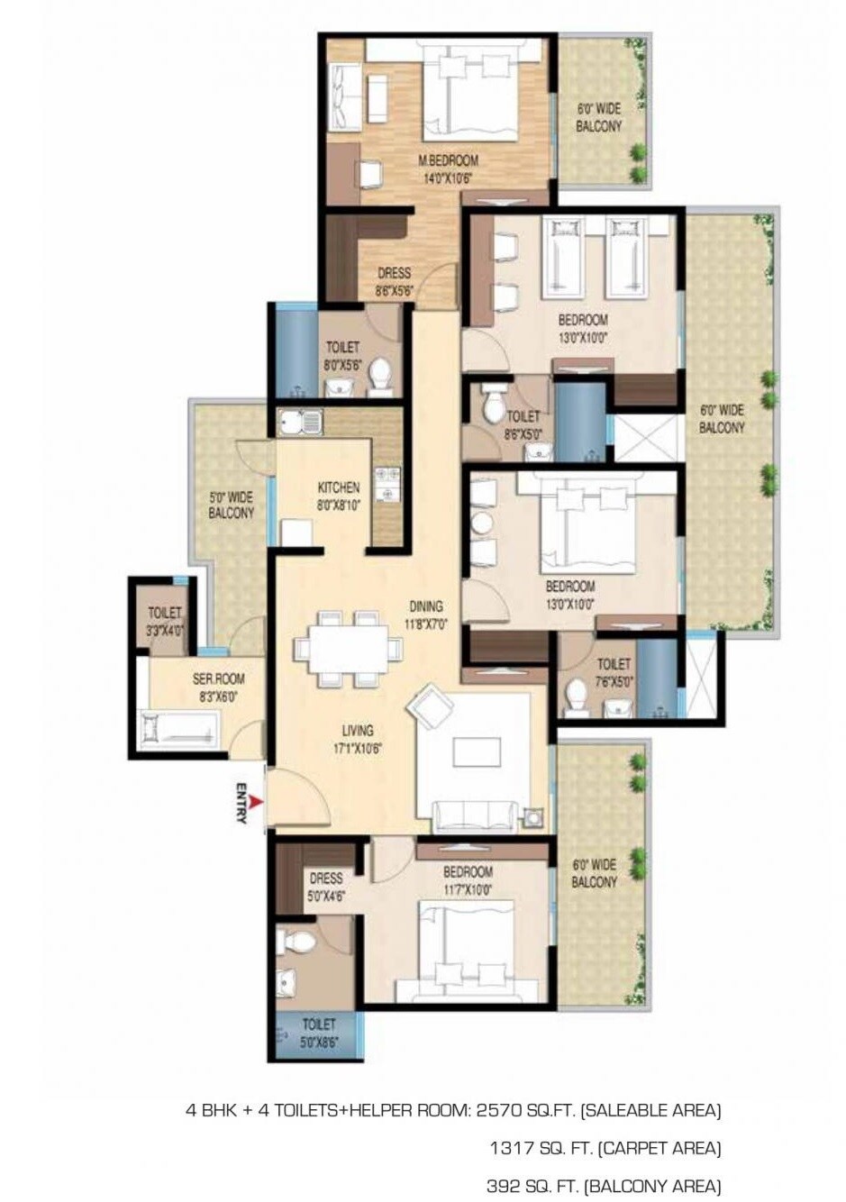 Floor plan of 4 BHK 2570 Sq. Ft. Apartment in Central Park Flower Valley Aqua Front Towers, Gurgaon