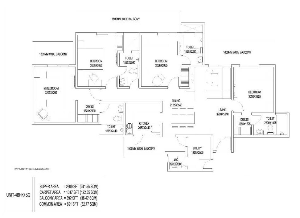 Floor plan of 4 BHK 2600 Sq. Ft. Apartment in Central Park Flower Valley Aqua Front Towers, Gurgaon