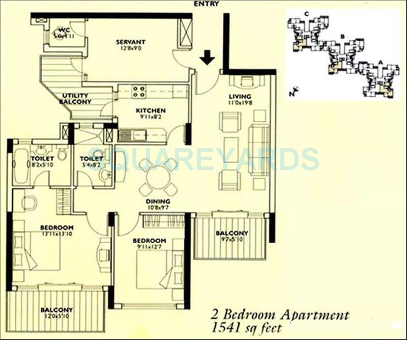 Floor plan of 2 BHK 1541 Sq. Ft. Apartment in Central Park I, Gurgaon