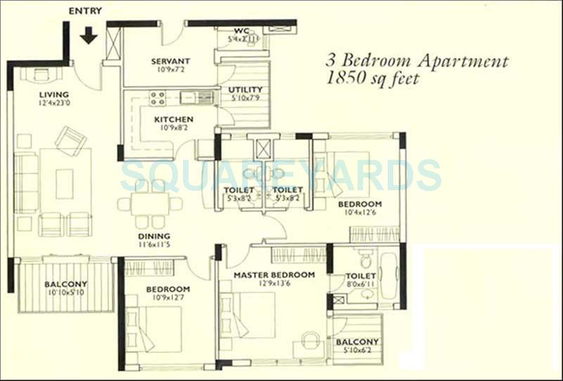 Floor plan of 3 BHK 1850 Sq. Ft. Apartment in Central Park I, Gurgaon