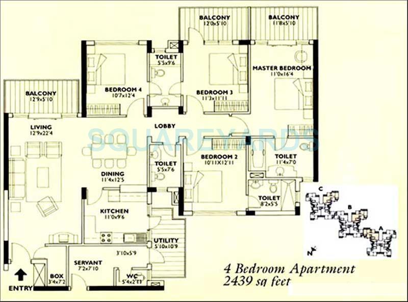 Floor plan of 4 BHK 2439 Sq. Ft. Apartment in Central Park I, Gurgaon