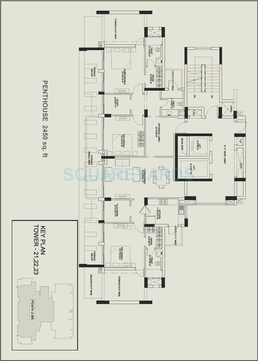 Floor plan of 3 BHK 2450 Sq. Ft. Penthouse in Central Park II-Belgravia Resort Residences, Gurgaon