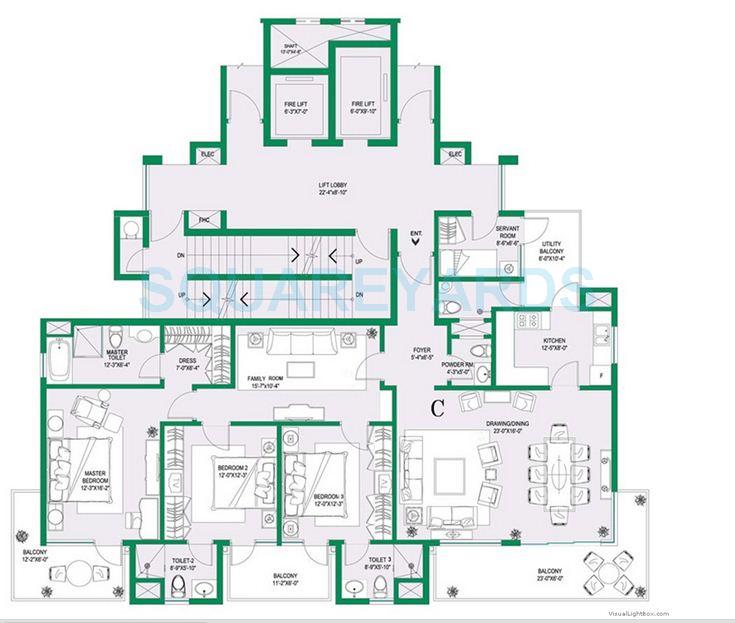 Floor plan of 3 BHK 2550 Sq. Ft. Apartment in Central Park II-Bellevue, Gurgaon