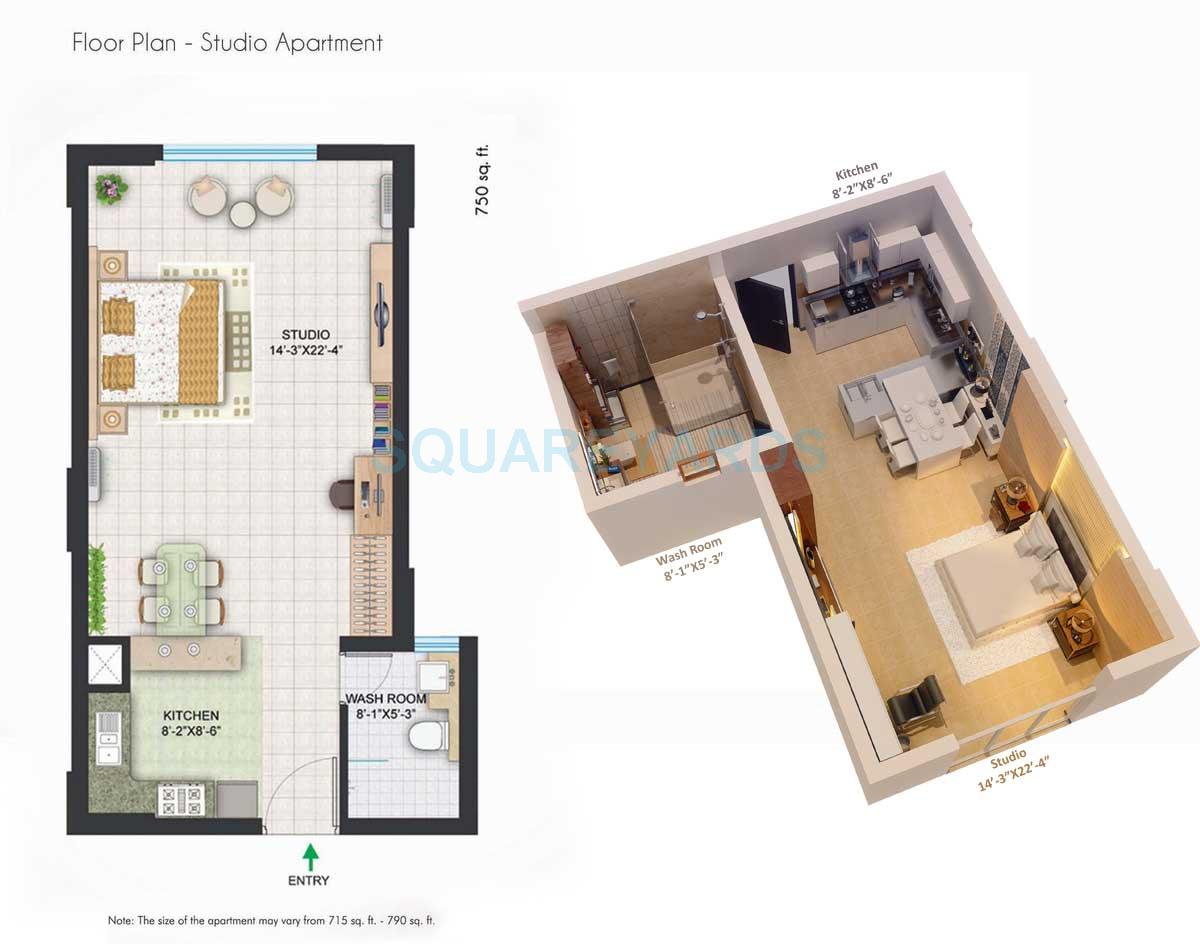 Floor plan of 1 BHK 750 Sq. Ft. Apartment in Central Park II-The Room, Gurgaon