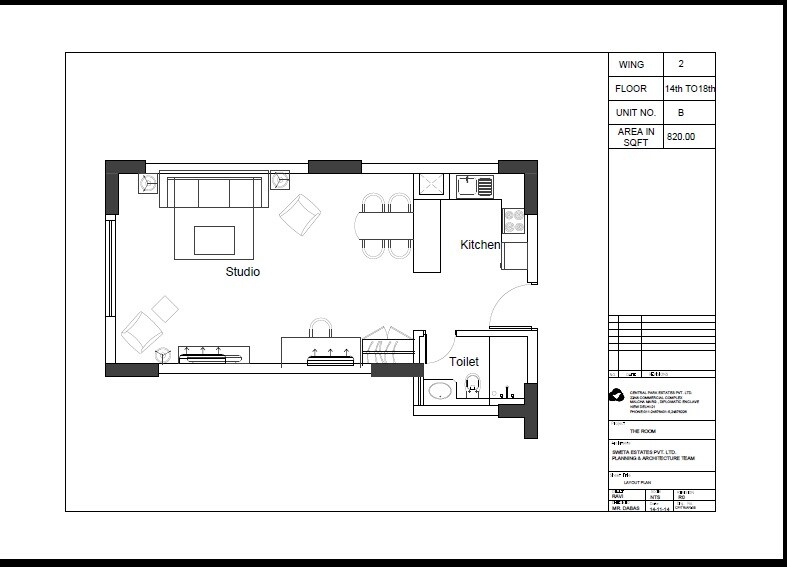 Floor plan of 1 BHK 835 Sq. Ft. Apartment in Central Park II-The Room, Gurgaon