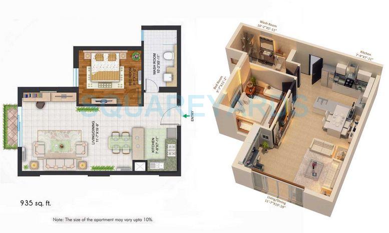 Floor plan of 1 BHK 935 Sq. Ft. Apartment in Central Park II-The Room, Gurgaon