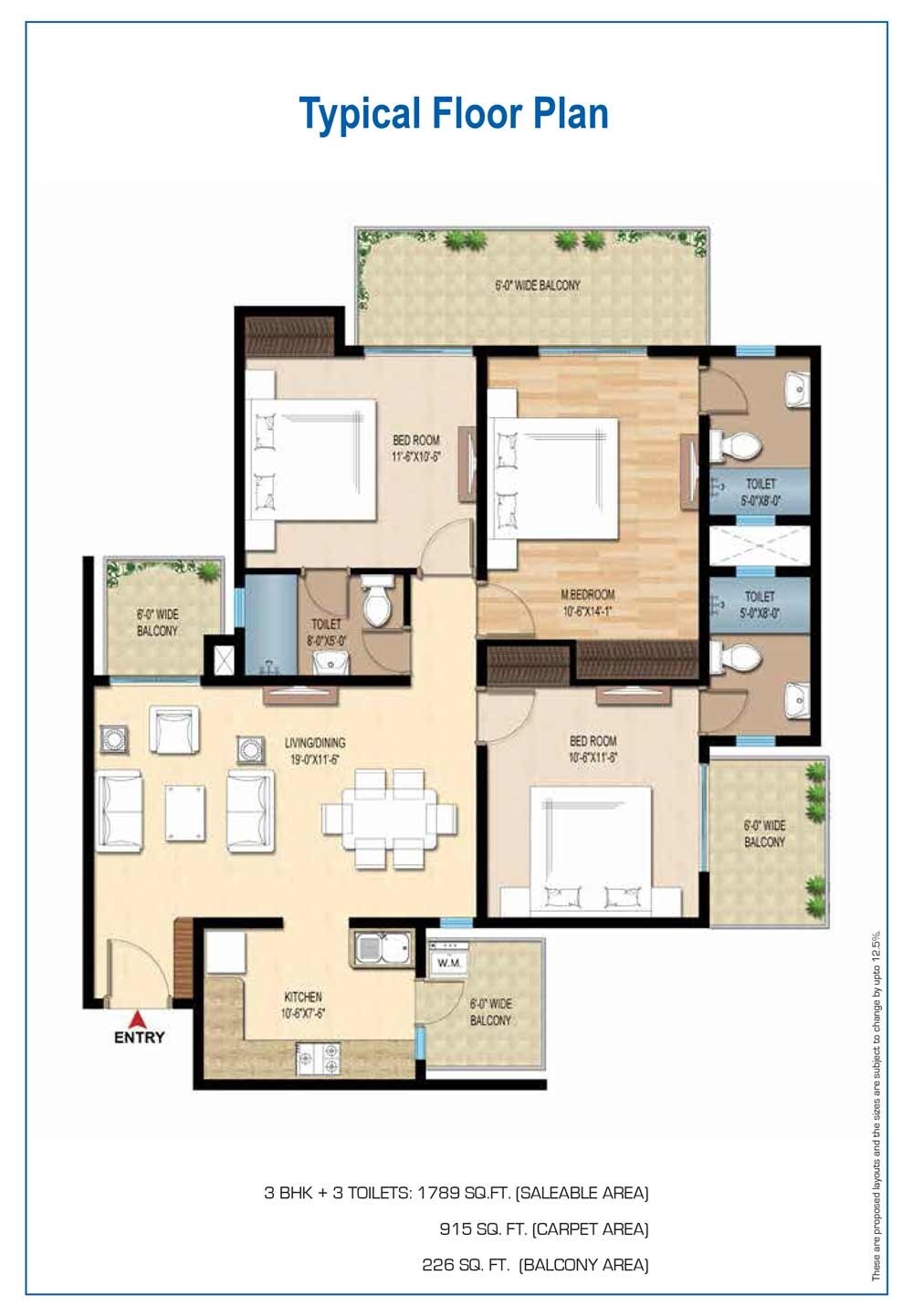 Floor plan of 3 BHK 1789 Sq. Ft. Apartment in Central Park Lake Front Towers, Gurgaon