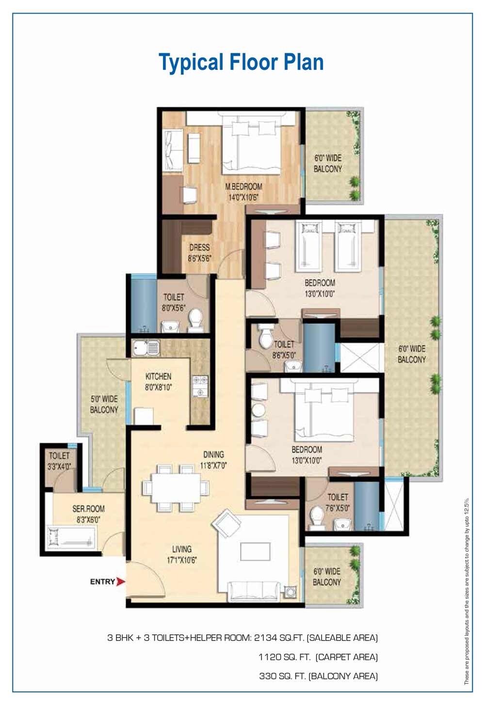 Floor plan of 3 BHK 2134 Sq. Ft. Apartment in Central Park Lake Front Towers, Gurgaon