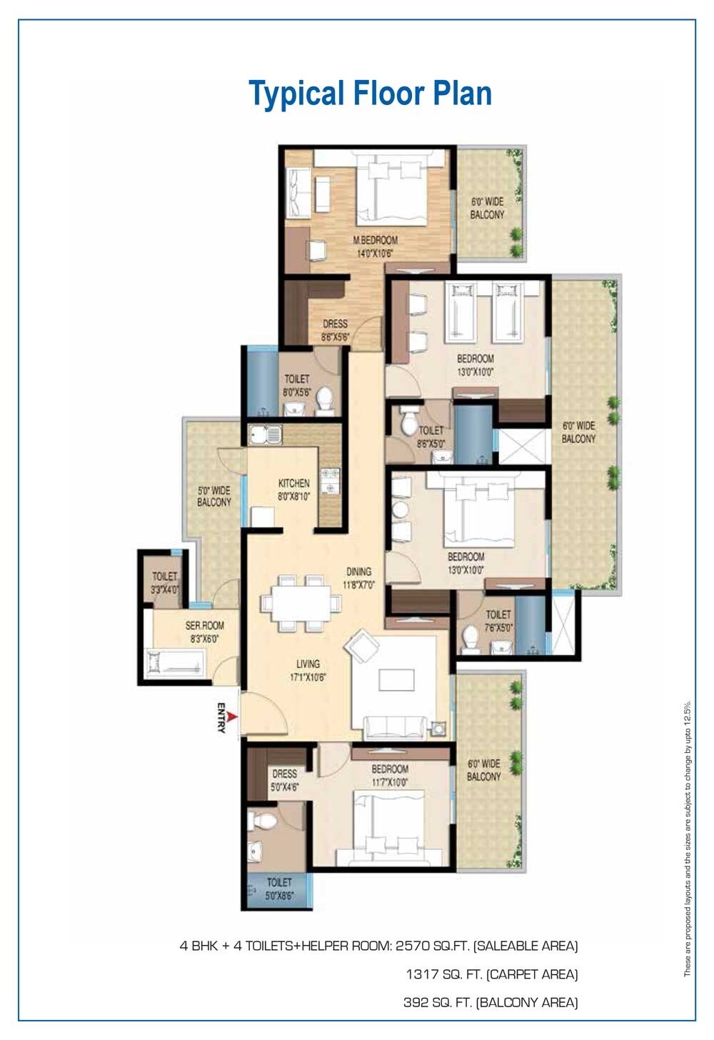 Floor plan of 4 BHK 2570 Sq. Ft. Apartment in Central Park Lake Front Towers, Gurgaon