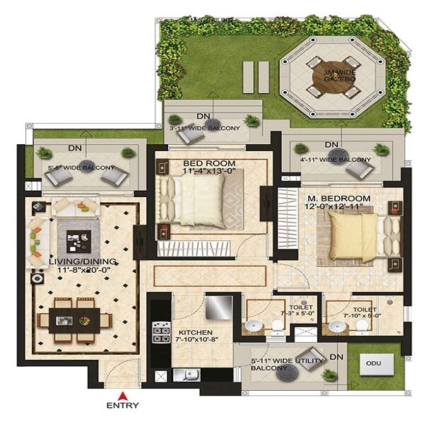 Floor plan of 2 BHK 1255 Sq. Ft. Apartment in Central Park Resorts, Gurgaon