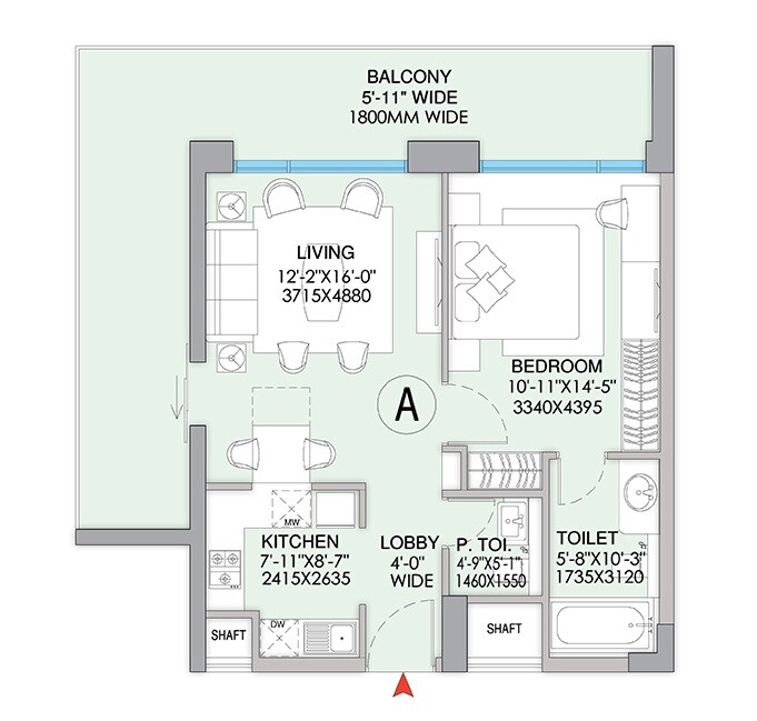 Floor plan of 1 BHK 1607 Sq. Ft. Apartment in Central Zeitaku Apartments At Bellavista Towers, Gurgaon