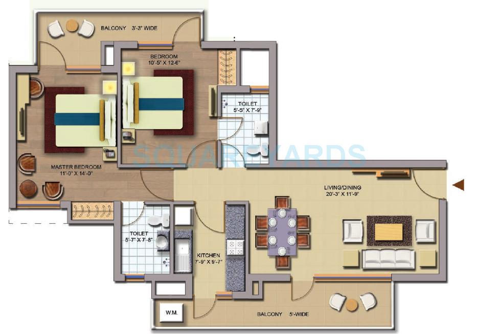 Floor plan of 2 BHK 1198 Sq. Ft. Apartment in CHD Avenue 71, Gurgaon