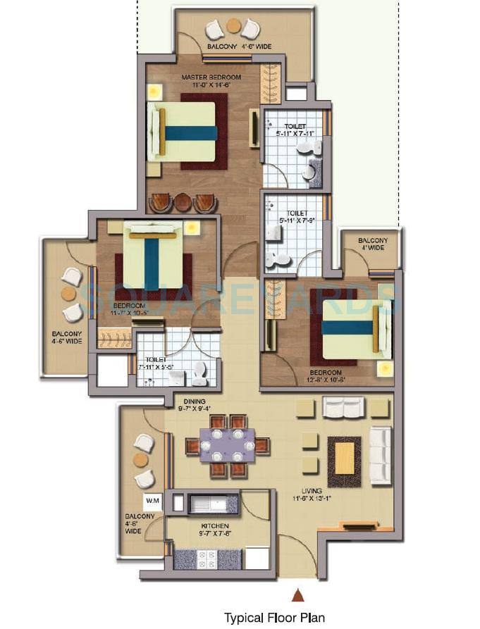 Floor plan of 3 BHK 1485 Sq. Ft. Apartment in CHD Avenue 71, Gurgaon