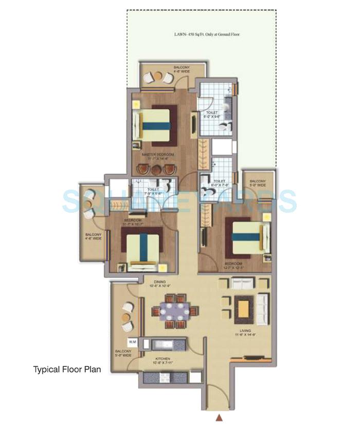 Floor plan of 3 BHK 1620 Sq. Ft. Apartment in CHD Avenue 71, Gurgaon