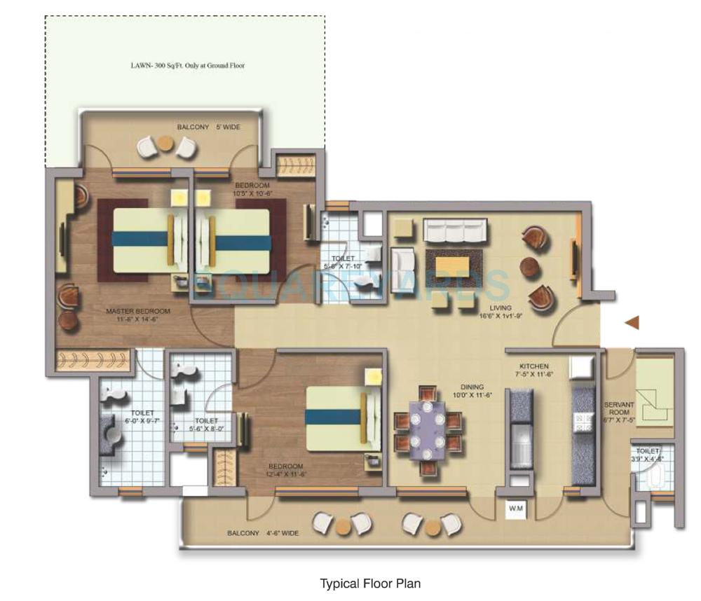 Floor plan of 3 BHK 1743 Sq. Ft. Apartment in CHD Avenue 71, Gurgaon