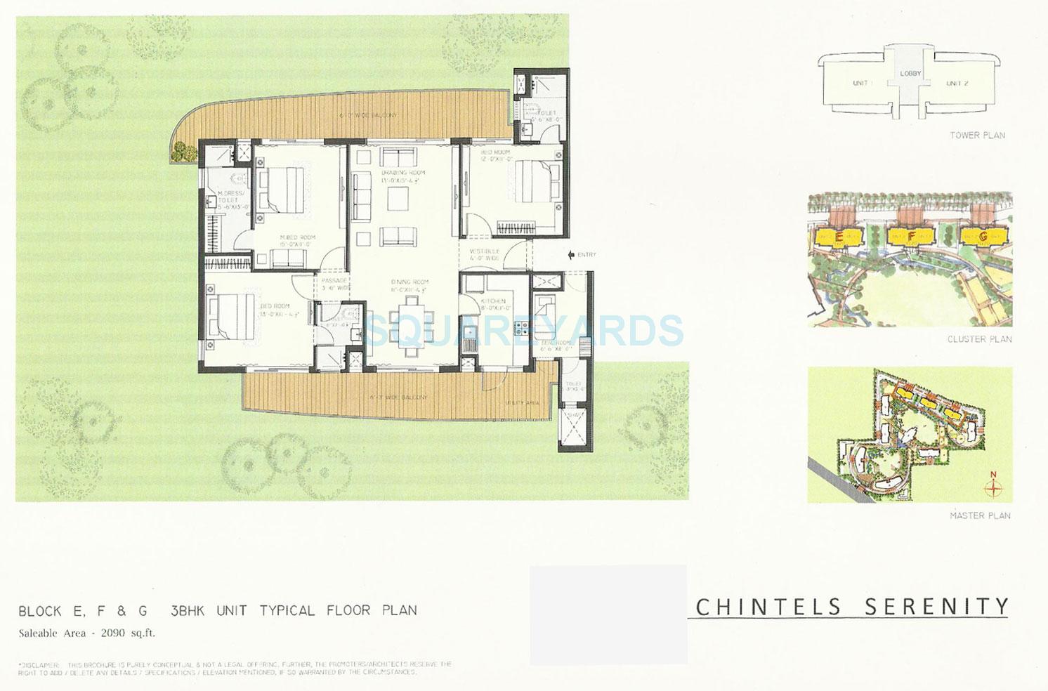 Floor plan of 3 BHK 2090 Sq. Ft. Apartment in Chintels Serenity, Gurgaon