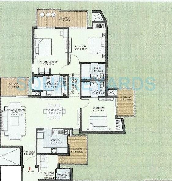 Floor plan of 3 BHK 1935 Sq. Ft. Apartment in Chintels Acropolis, Gurgaon