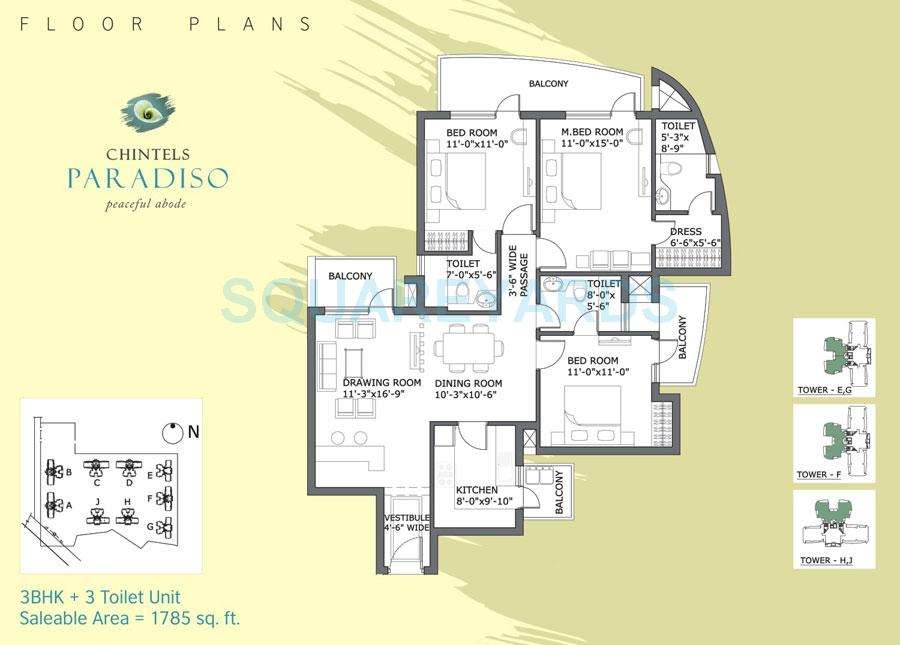 3 BHK 1785 Sq. Ft. Apartment in Chintels Paradiso