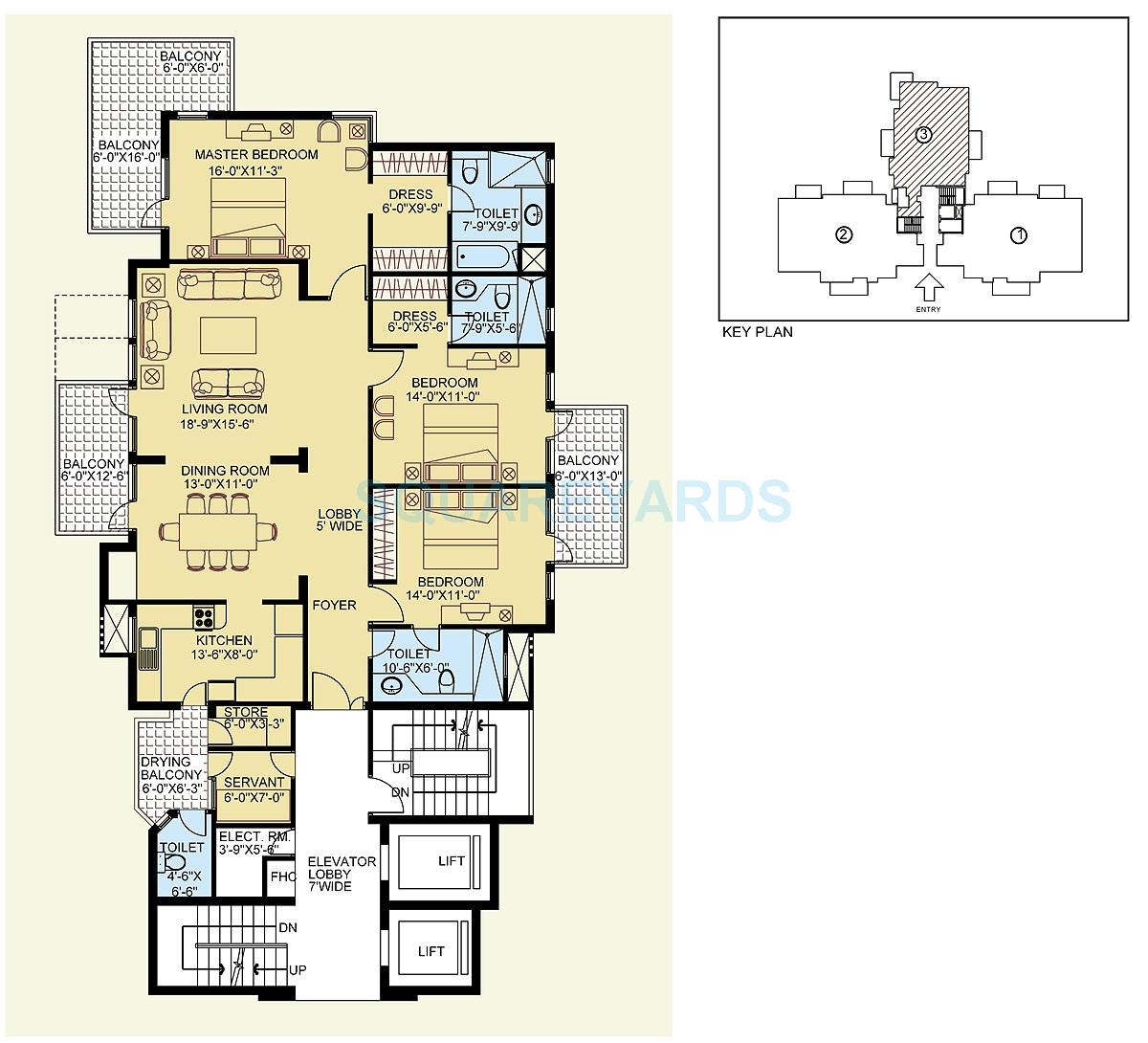 Floor plan of 3 BHK 2309 Sq. Ft. Apartment in Clarion The Legend, Gurgaon