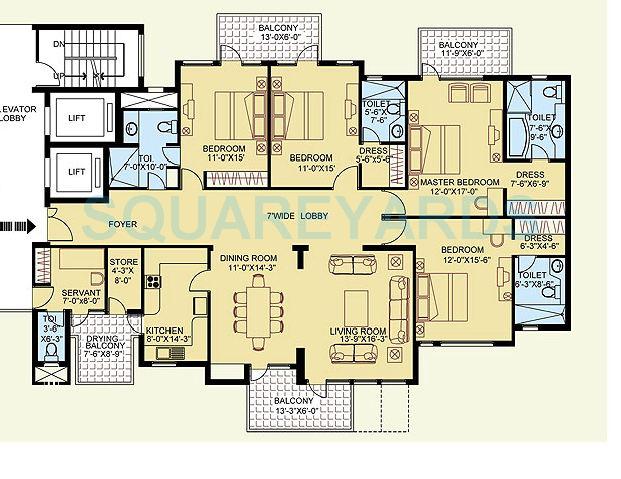Floor plan of 4 BHK 2982 Sq. Ft. Apartment in Clarion The Legend, Gurgaon